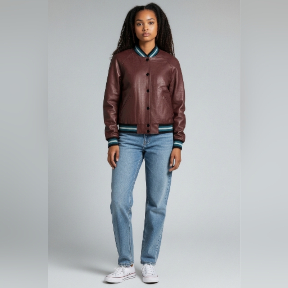 Coach Rexy Leather Varsity Jacket With Athletic Stripe Accents Misses Size Small